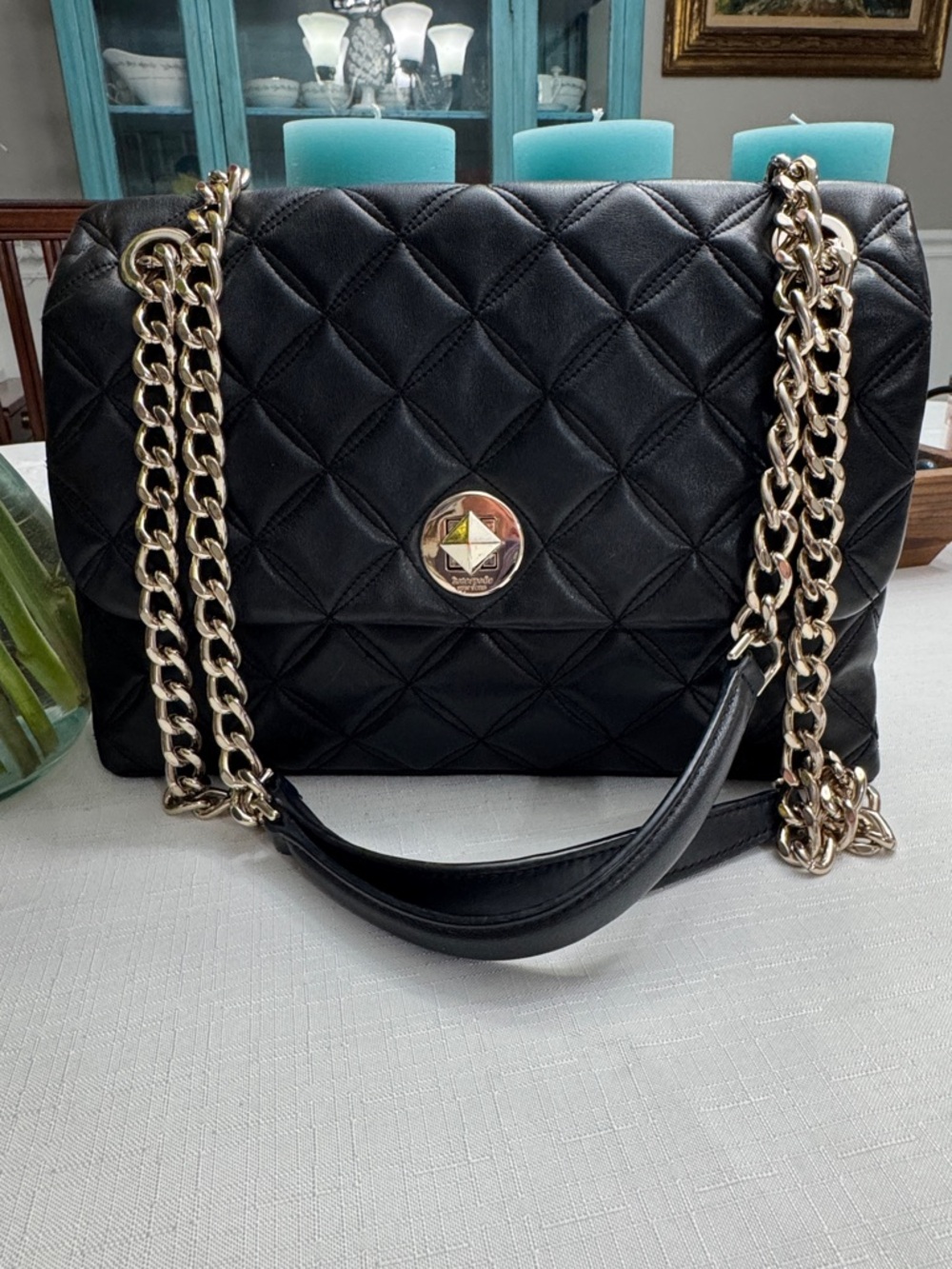 kate spade Black Quilted Natalia Flap Shoulder Bag with Gold Chain Handles - Picture 2 of 13